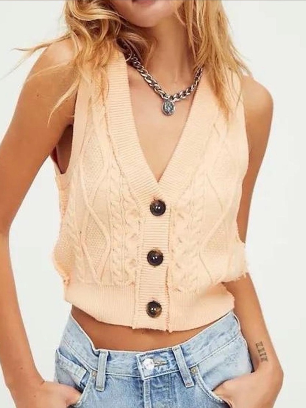 Free People Peach Cable Knit Button-Front Cropped Tank